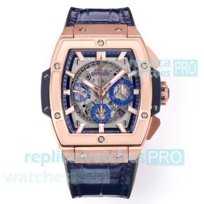 Swiss 4700 Clone Hublot Spirit of Big Bang 45mm Rose Gold Blue Leather Strap Watch 